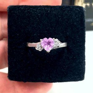 10k Solid White Gold Genuine Pink Sapphire & Diamond Heart Estate Ring